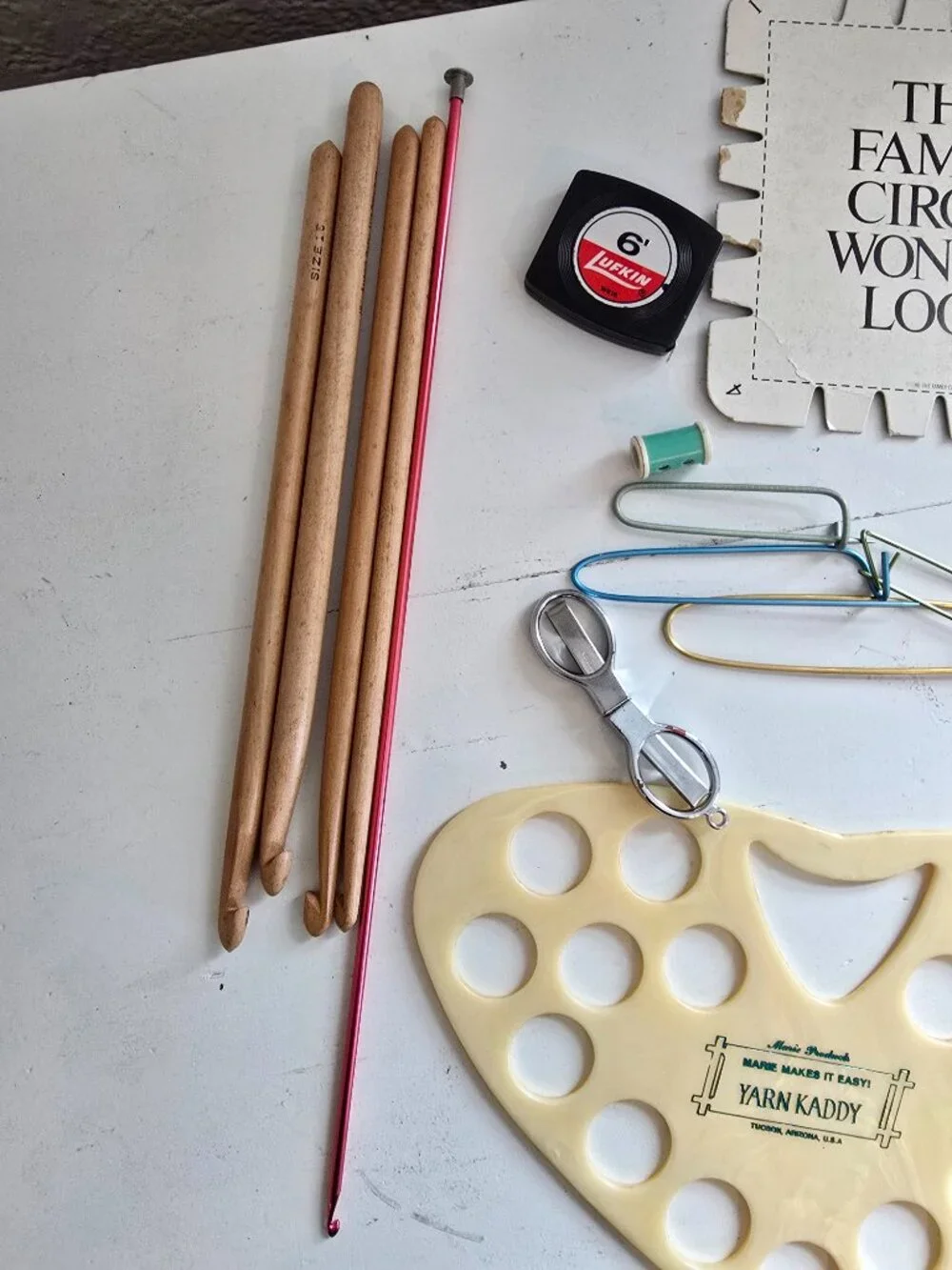 Vintage Crafting/Yarn Accessories Lot-Family Circle Loom Yarn Kaddy Hooks, Tools